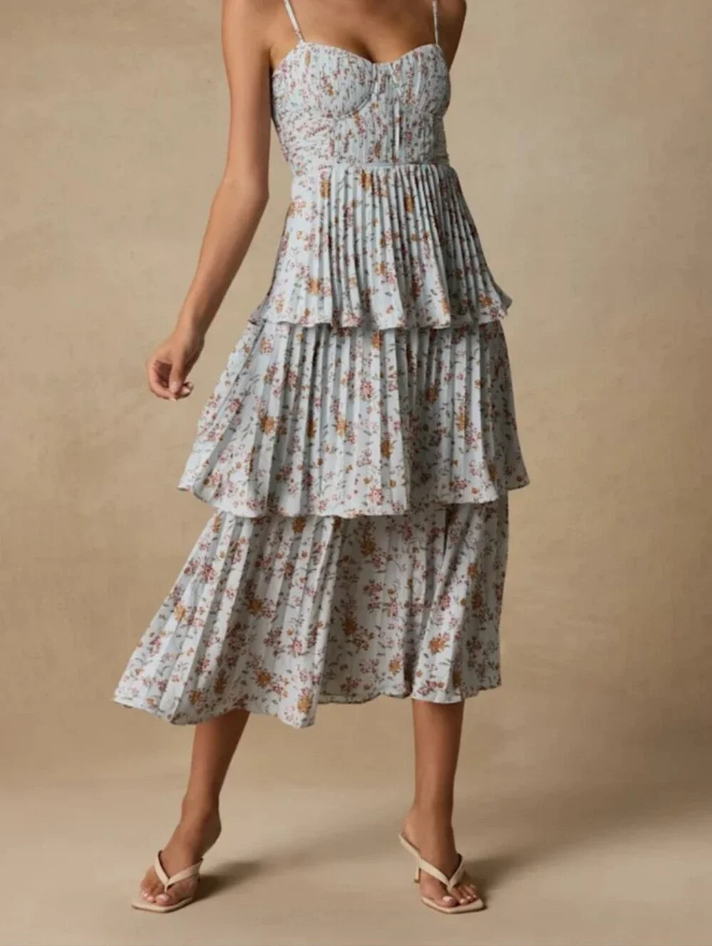 Lulu's Cascading Crush Pale Blue Floral Printed Tiered Bustier Midi Dress - Picture 1 of 13